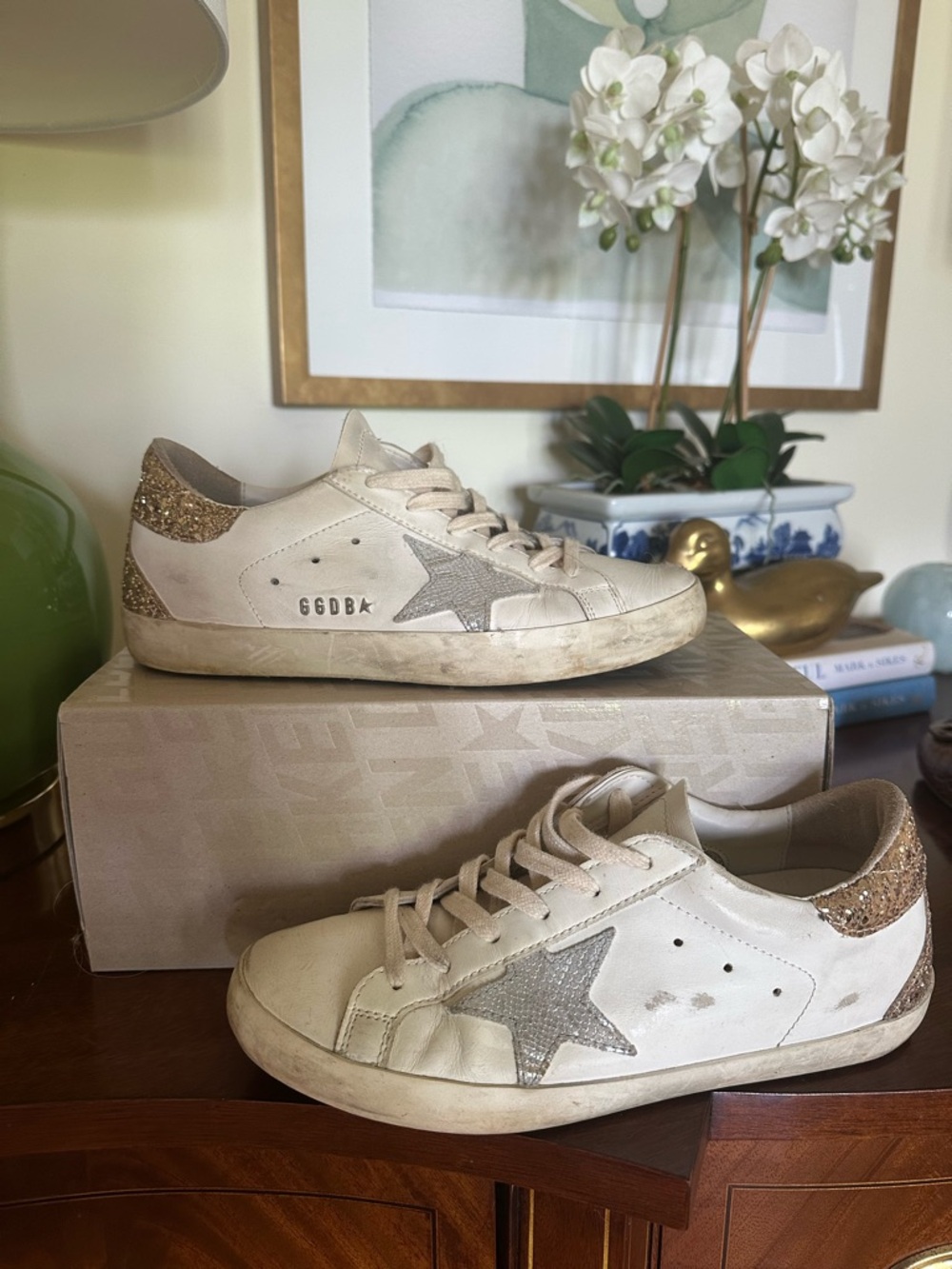 Golden Goose White Sneakers with Gold Glitter Heel and Silver Star - Picture 10 of 13
